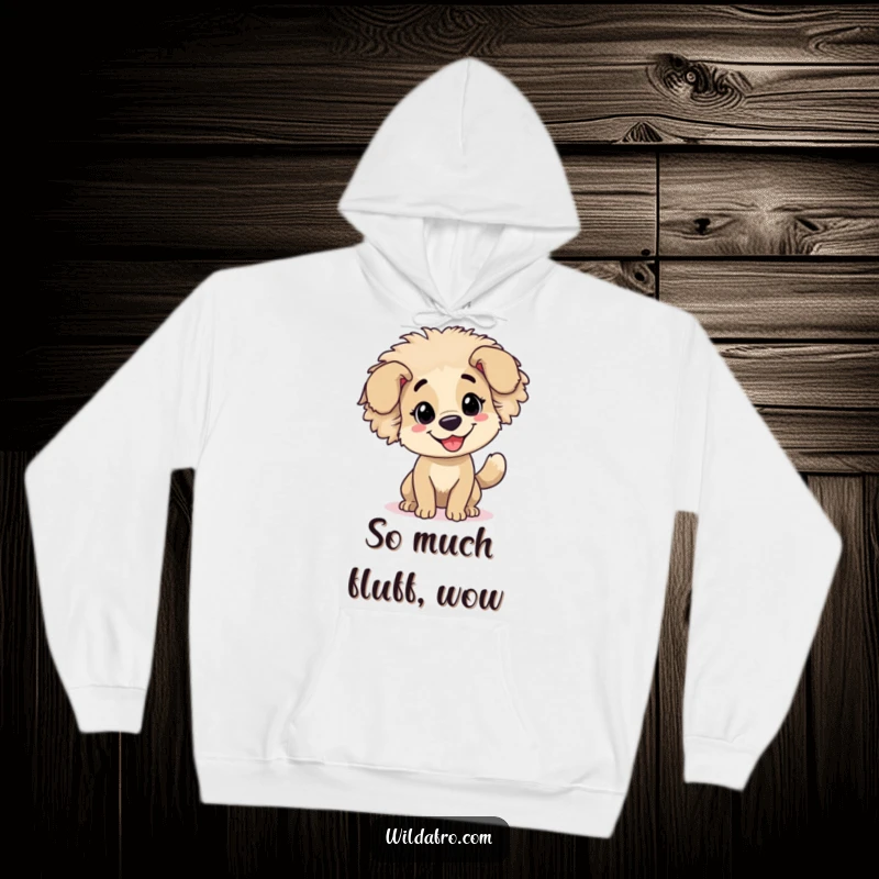 Funny dog in a cozy hoodie, its bouncy afro and wagging tail adding to its cheerful expression.