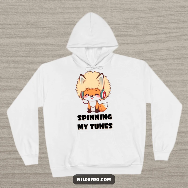 Funny Afro Fox DJ Hoodie featuring a cheerful fox with a large afro and tiny headphones, perfect for staying cozy and stylish.