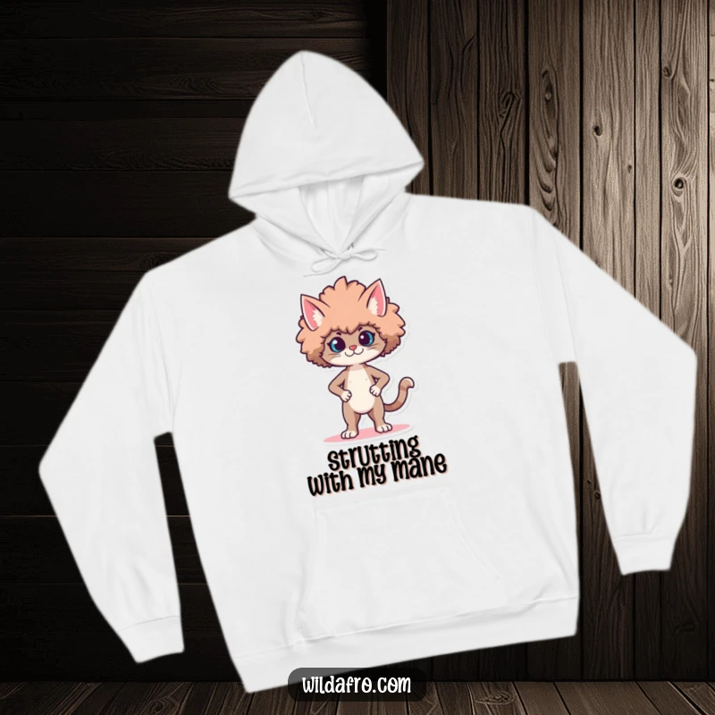 Funny hoodie featuring a proud cat character strutting with a voluminous, stylized afro. Great funny gift.