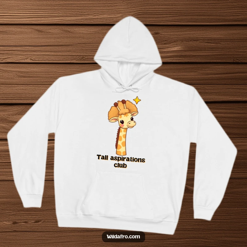 Funny giraffe hoodie, a cheerful giraffe with a large afro reaching for a star, a whimsical and inspiring design.