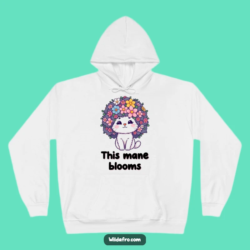 Cozy Funny Cat Afro Flower Hoodie: Fluffy Character Warmth with Blooming Floral Joy