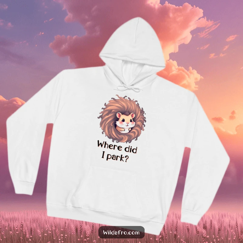 Funny hamster hoodie depicting a curious hamster peeking out from a swirling, voluminous afro hair vortex, a cozy and humorous design.