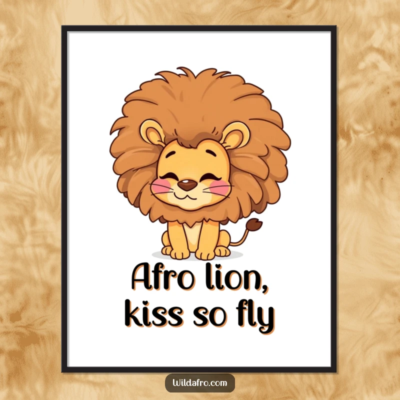 Funny Free Printable Wall Art: A magnificent lion with a large afro blowing a kiss with enthusiasm.