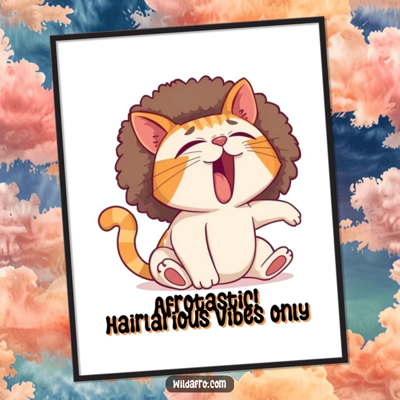 Funny Free Printable Wall Art: A yawning cat with a massive afro, stretching majestically.
