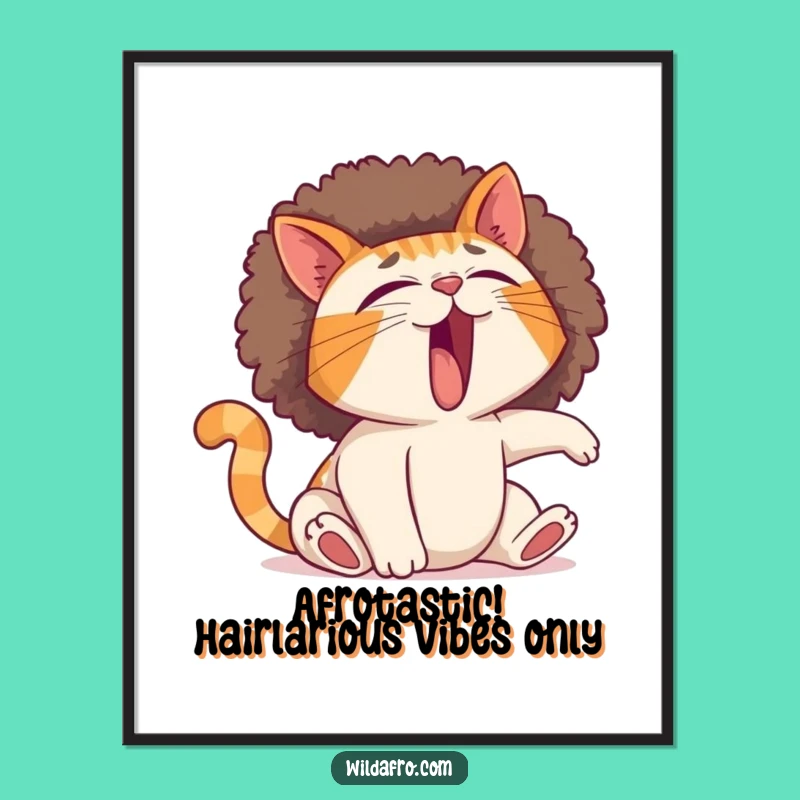 Free Printable Wall Art: Funny Yawning Cat Afro Poster, Downloadable Home Decor