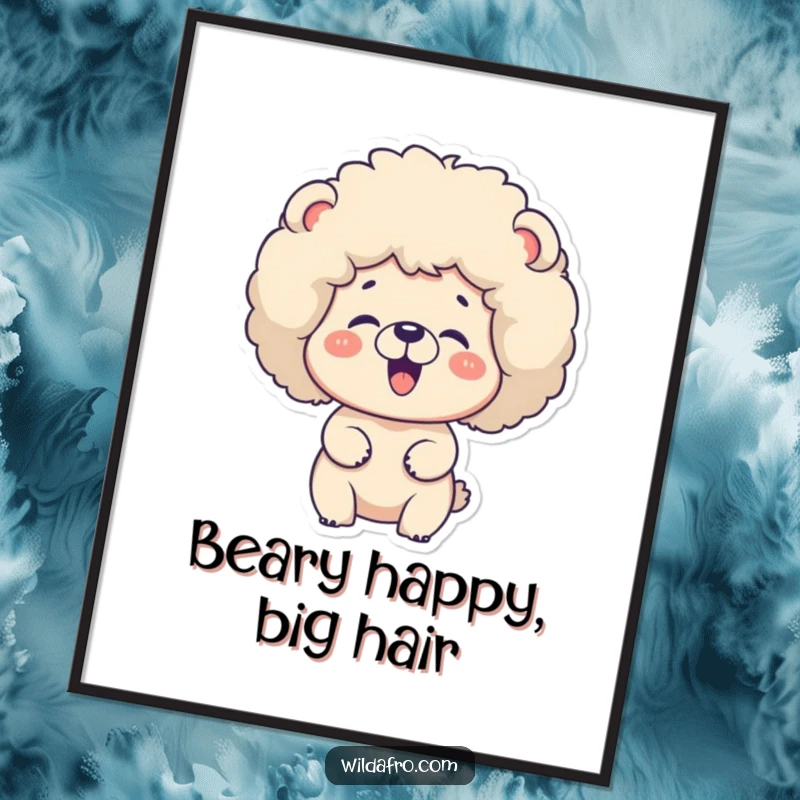 Funny Free Printable Wall Art: A cheerful bear sports a massive fluffy afro and laughs heartily, a downloadable decoration.