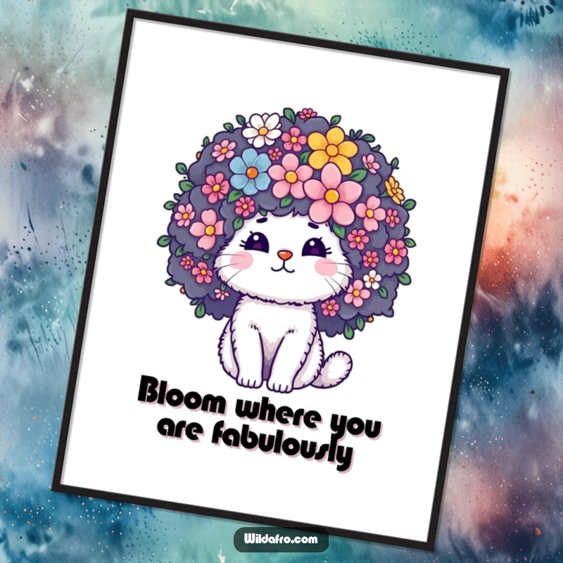 Funny Free Printable Wall Art: Adorable fluffy cat with a giant, curly afro blooming with vibrant flowers, exuding charm.