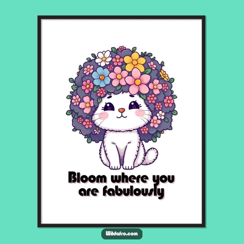 Free Printable Wall Art: Funny Cat Afro Flowers - Hilarious Downloadable Art