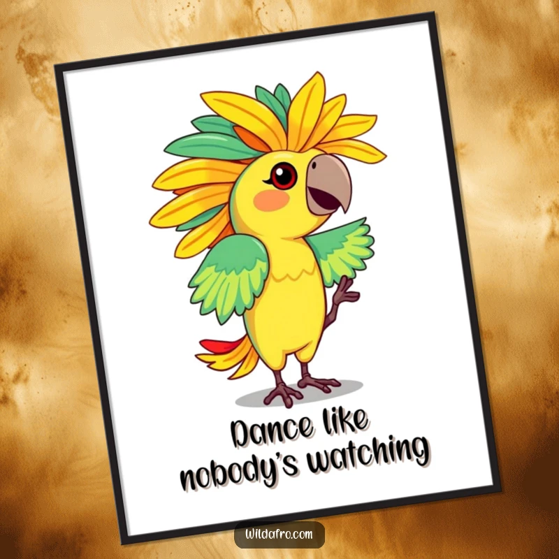 Funny Free Printable Wall Art: Dancing parrot character flaunting a vibrant, feathered afro, adding a splash of tropical color.