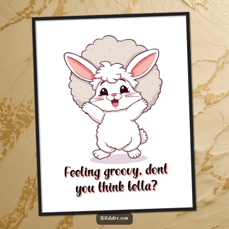Funny Free Printable Wall Art: A joyful bunny with a massive afro is captured mid-dance, radiating fun and positive energy.