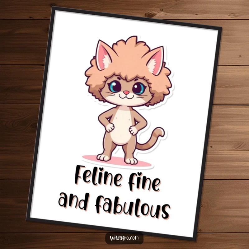 Funny Free Printable Wall Art: Proud cat character strutting with a large, stylized, voluminous afro, exuding cool confidence.
