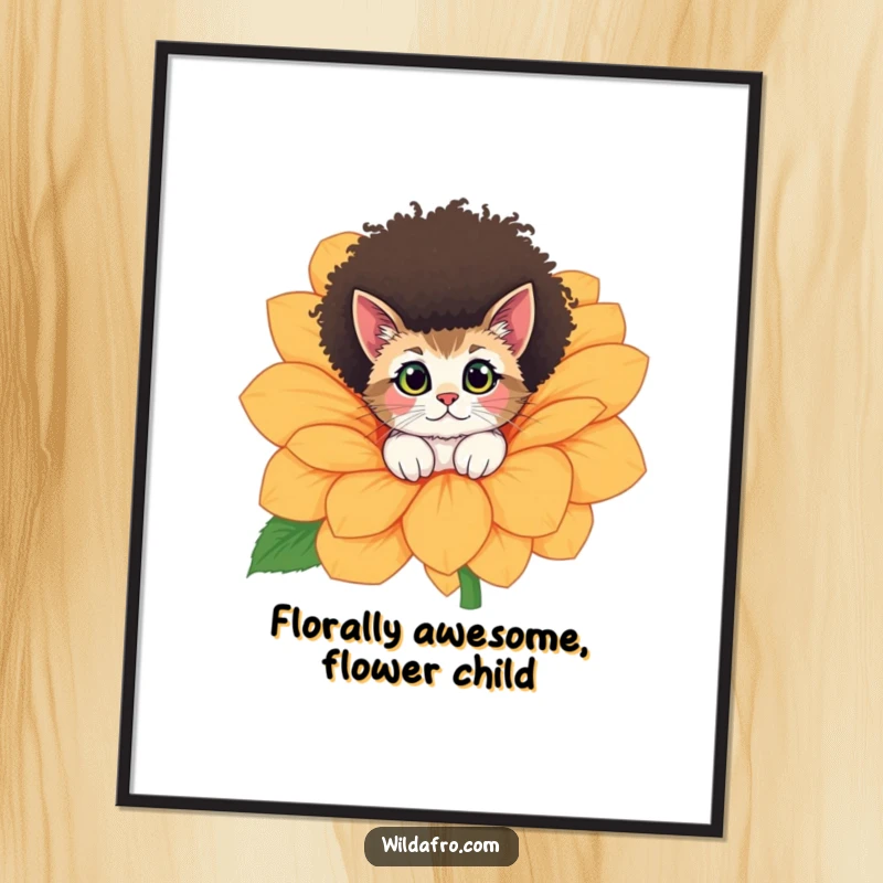 Funny Free Printable Wall Art: A curious cat with a fluffy afro peeking from a giant, colorful flower, adding charm.