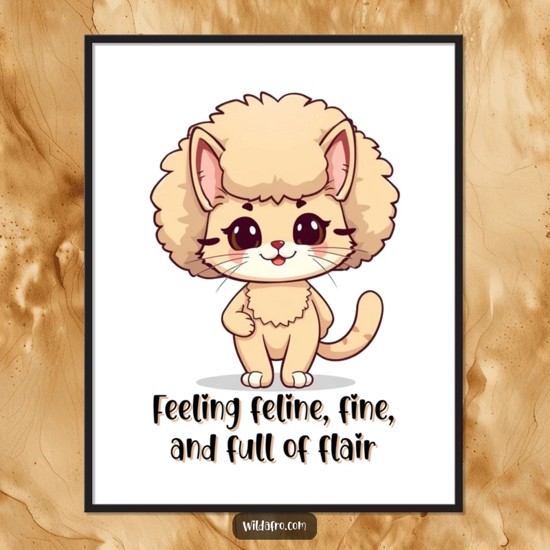 Funny Free Printable Cat Wall Art: Smiling cat with a voluminous afro confidently strutting, exuding pure, undeniable cool and charisma.