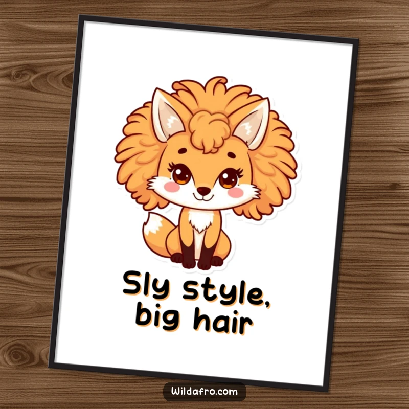 Funny Free Printable Wall Art: A playful fox character proudly displaying a large, curly afro mane.