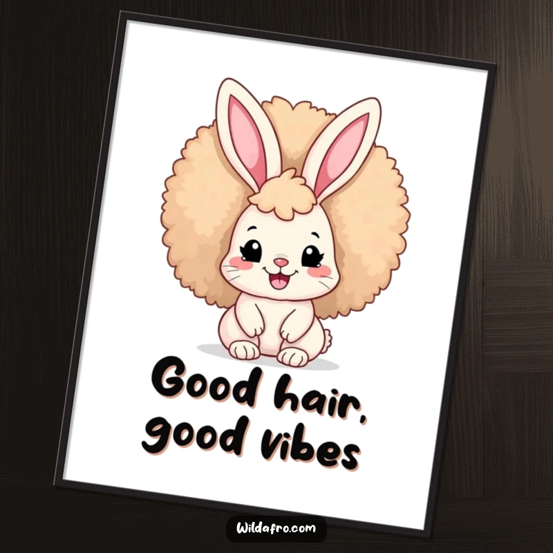 Funny Free Printable Wall Art: A cute bunny proudly displaying its huge, fluffy afro hairstyle while smiling broadly.