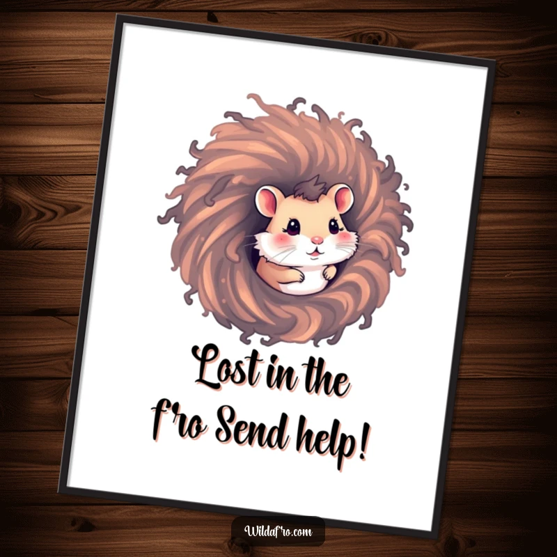 Funny Free Printable Wall Art: Curious hamster peeking out of a swirling, colorful afro hair vortex.