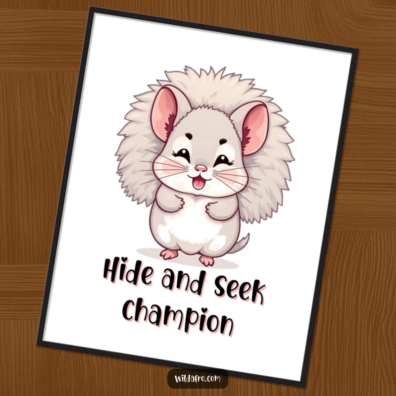 Funny Free Printable Wall Art: Giggling chinchilla character hiding within its large, fluffy afro, adding a touch of adorable humor.