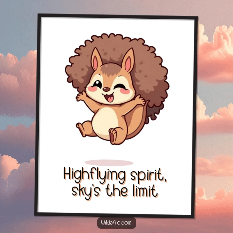 Funny Free Printable Wall Art: A squirrel with an impressive spiraled afro captured mid-jump, radiating pure delight.