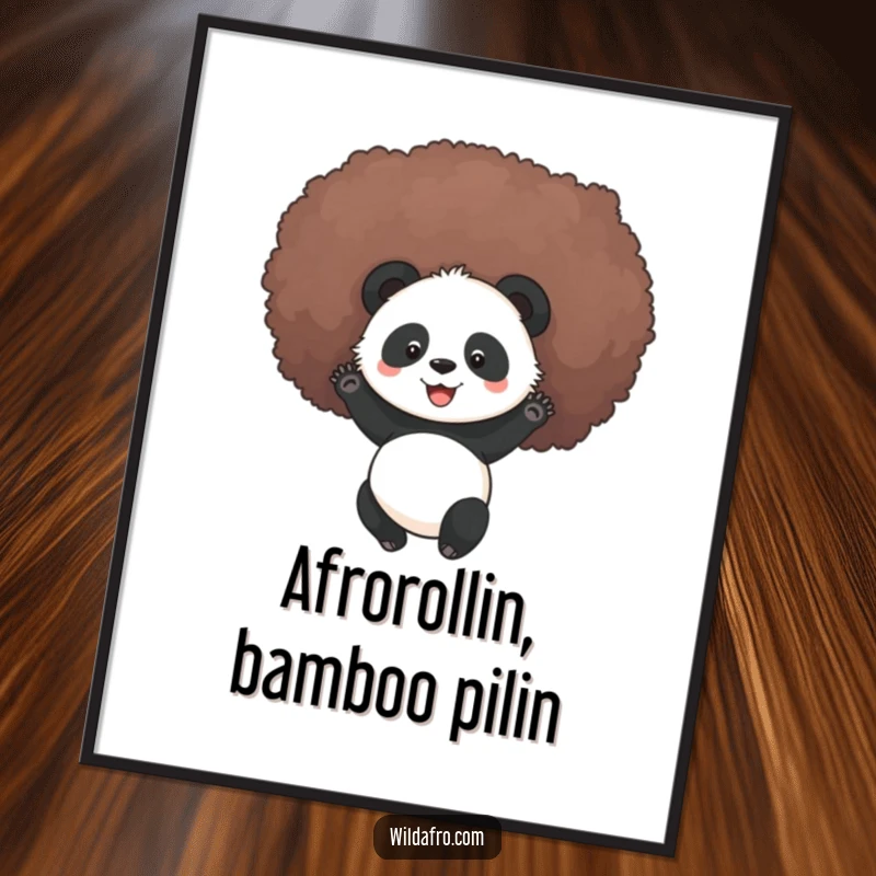 Funny free printable wall art of a happy panda rolling with delight inside a massive, textured afro.