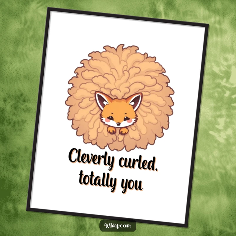 Funny Free Printable Wall Art: A cute little fox peeks its head out from a very large and curly afro.