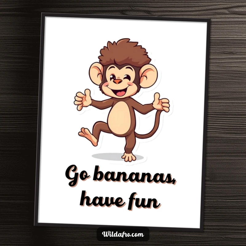 Funny Free Printable Wall Art of an energetic monkey character with an afro doing a joyful, playful dance.