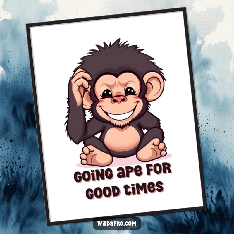 Funny Free Printable Wall Art: A grinning chimpanzee proudly pats its large, bushy afro, exuding cool confidence and playful energy.