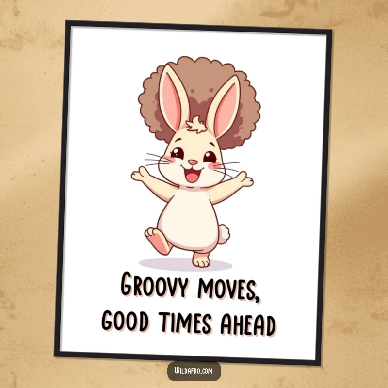 Funny Free Printable Wall Art: A vibrant rabbit sporting a huge afro, captured mid-dance with infectious energy.