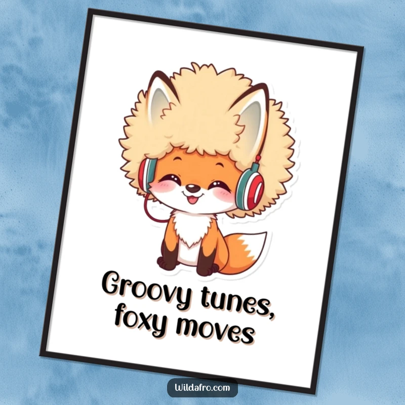 Funny Free Printable Wall Art: A cheerful fox with a large afro hairstyle and tiny headphones, looking like a cool DJ.