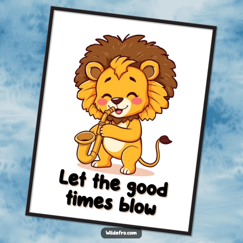 Funny Free Printable Wall Art: A cheerful lion with a large afro plays a saxophone with musical flair.