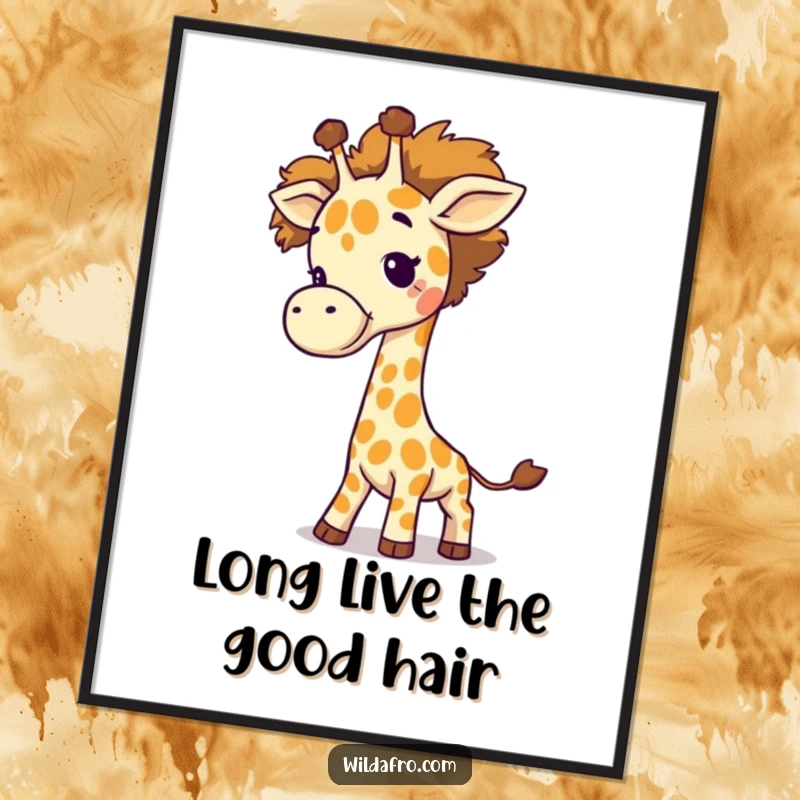 Funny Free Printable Wall Art: A giggling giraffe swings a large, colorful afro as its tail.