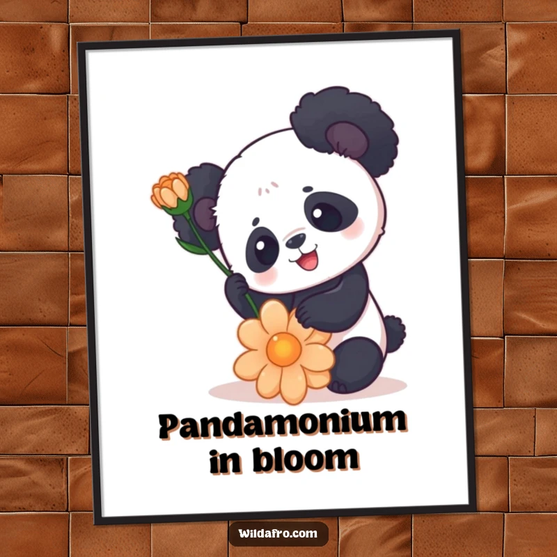 Funny Free Printable Wall Art featuring a panda with a rounded afro attempting to balance a flower.
