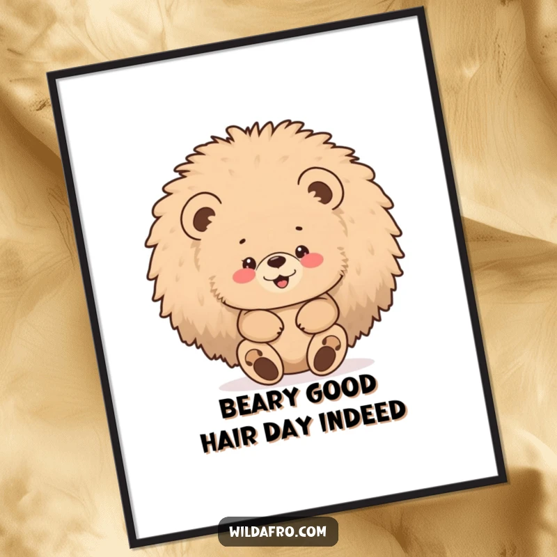 Funny Free Printable Wall Art: A chubby bear cub peeking out gleefully from inside a large, fluffy afro.