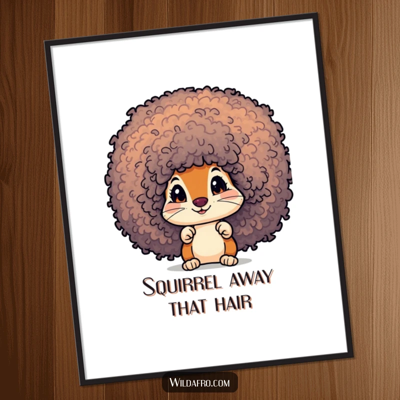 Funny Free Printable Wall Art featuring a curious squirrel peeking mischievously from a vibrant, textured afro.