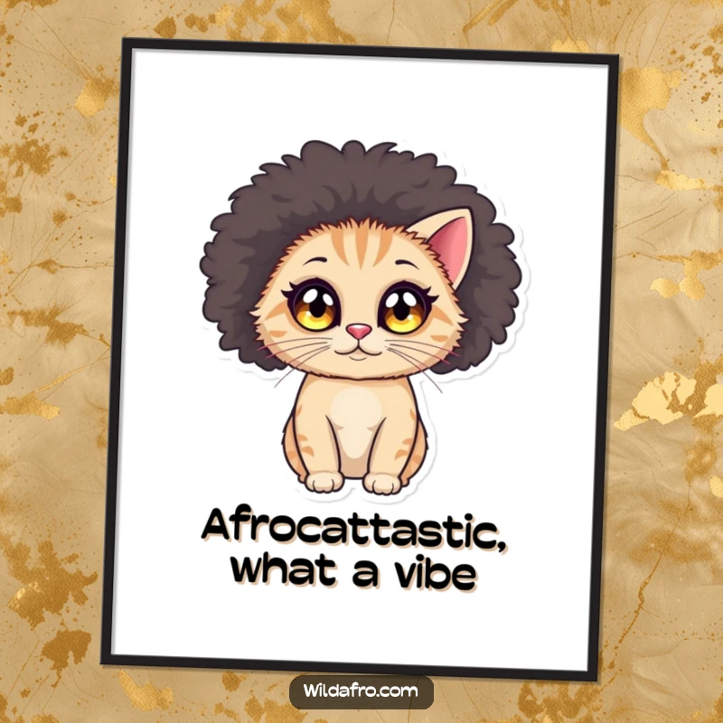 Funny Free Printable Wall Art: A small, round cat with large, sparkling eyes wearing a huge, colorful afro wig.