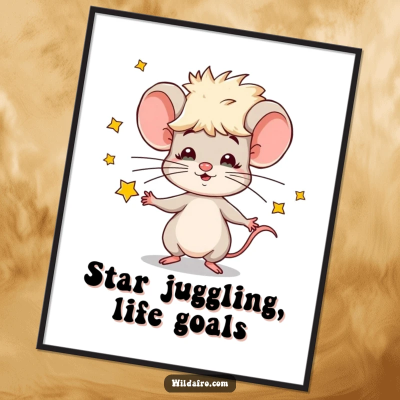 Funny Free Printable Wall Art: A cool mouse with a stylish afro confidently juggles numerous tiny, shimmering stars. Quirky downloadable decor.
