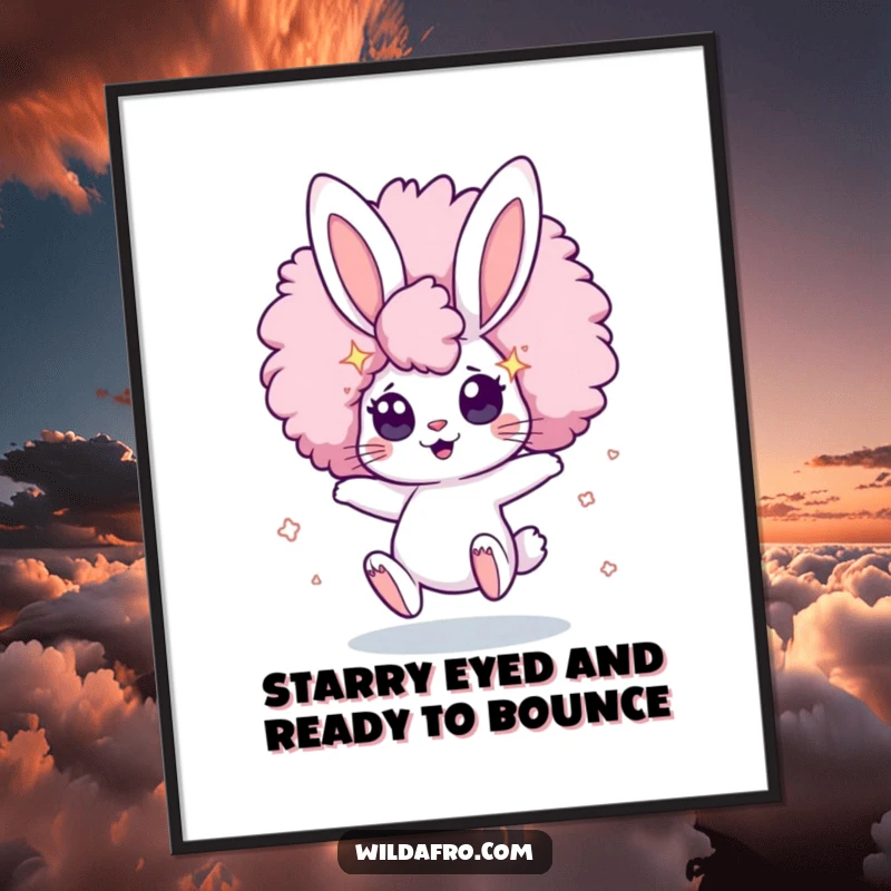 Funny Free Printable Wall Art: Adorable bunny character bouncing with a huge afro and wide, starry eyes, radiating fun.