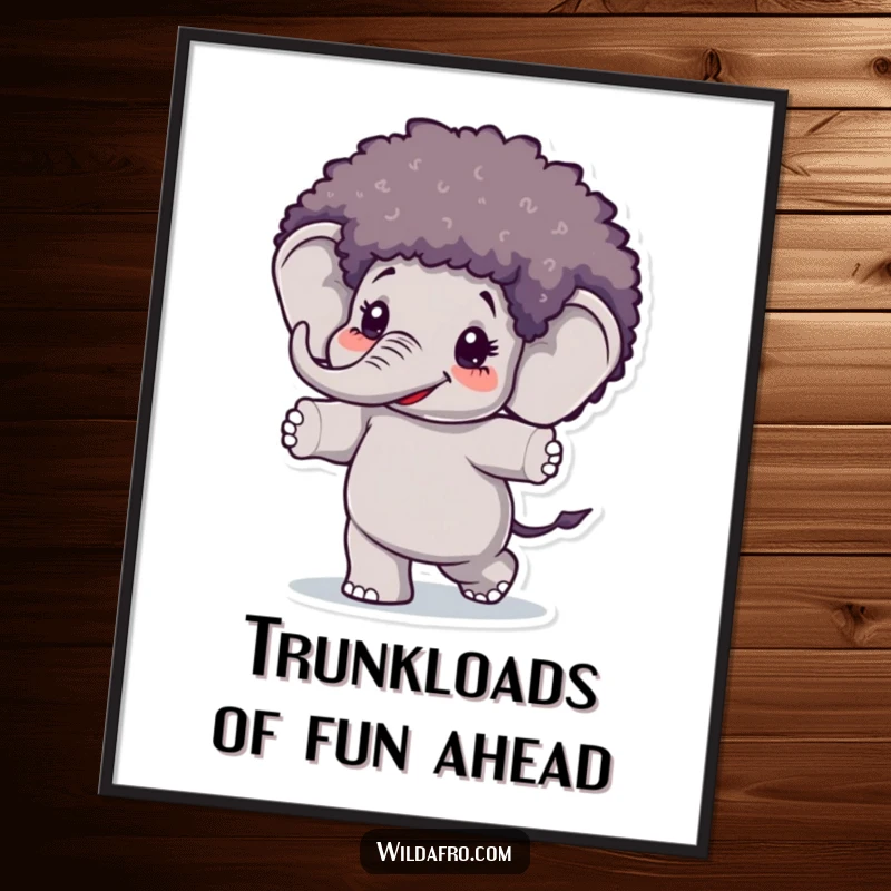 Funny Free Printable Wall Art: A happy elephant with a large afro wig is captured mid-dance.