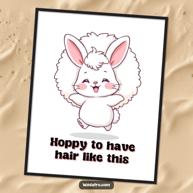 Funny Free Printable Wall Art: A fluffy bunny with rosy cheeks, joyfully bouncing with its giant afro puff.