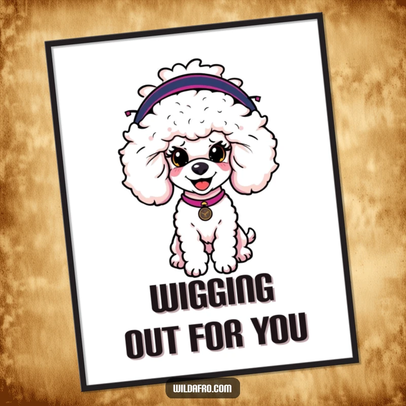 Funny Free Printable Wall Art: A chic poodle character sports a glamorous, oversized afro wig, adding a touch of retro fun to your decor.