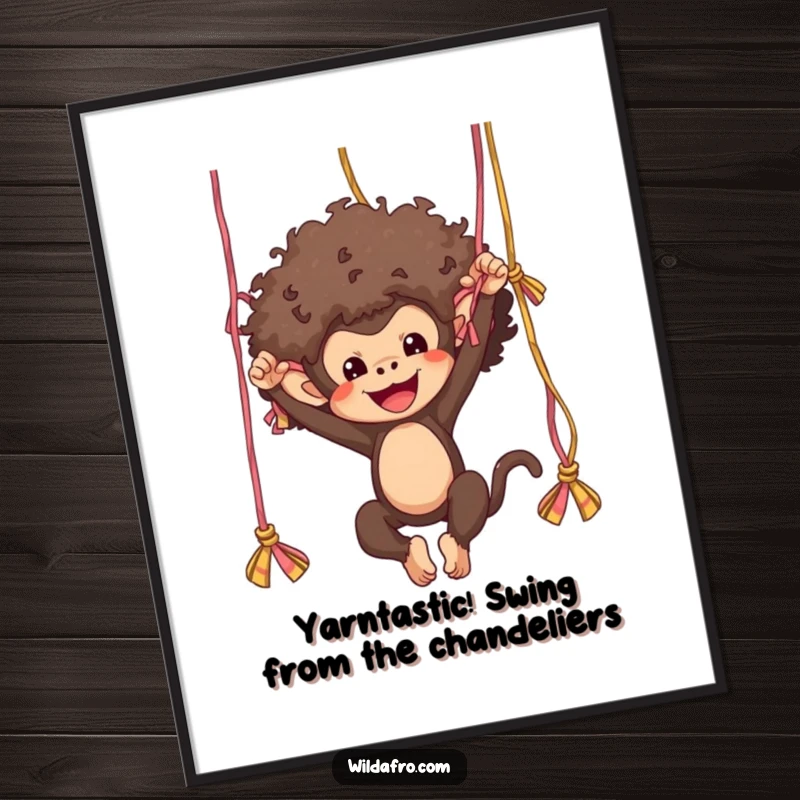 Funny Free Printable Wall Art: A whimsical afro monkey swinging from colorful yarn strands, bringing playful energy.