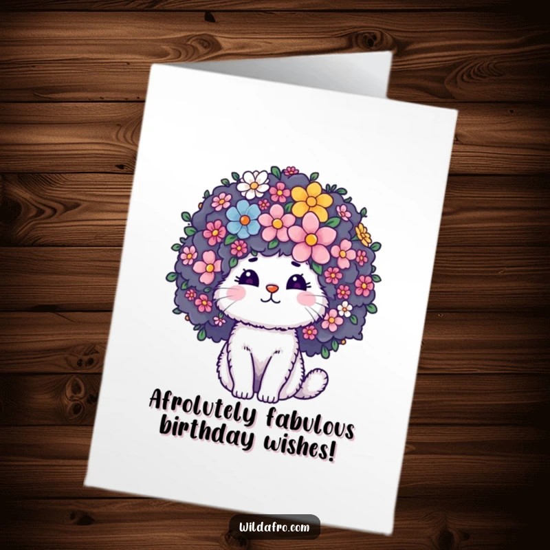 Funny Free Printable Birthday Card: Fluffy cat with a giant, curly afro blooming with colorful flowers, spreading birthday joy.