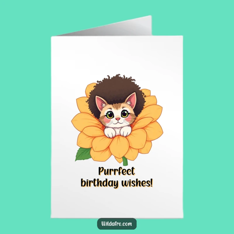 Free Printable Birthday Card: Curious Afro Cat in Flower, Hilarious Downloadable Gift