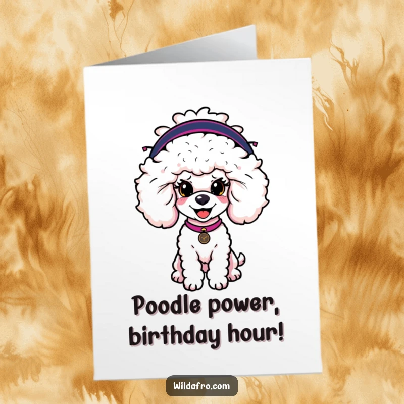 Funny Free Printable Birthday Card: A happy poodle sporting a giant, fashionable afro wig, ready to party and spread cheer.