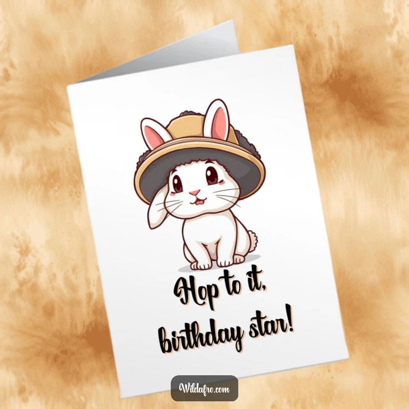 Funny Free Printable Birthday Card: A curious rabbit peeks out from its afro hat, ears playfully sticking out, ready for a birthday adventure.