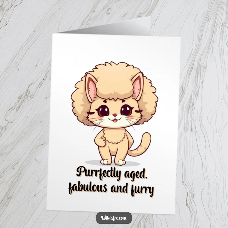 Funny Free Printable Cat Birthday Card: Smiling cat with a massive fluffy afro confidently strutting, ready to party with a cool jazz vibe.