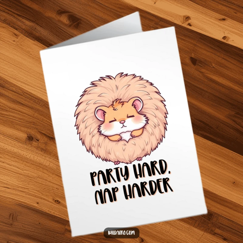 Funny free printable birthday card featuring a tiny hamster contentedly napping inside a massive, fluffy afro.