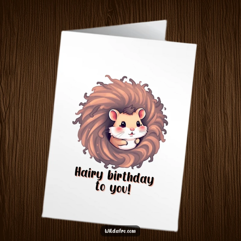 Funny Free Printable Birthday Card: Curious hamster peeking from a swirling afro hair vortex.