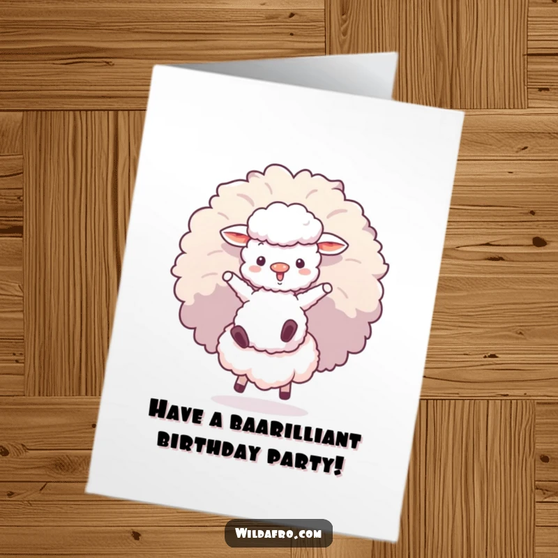 Funny Free Printable Birthday Card: A fluffy sheep character energetically bouncing on a huge, colorful afro puff, spreading joy.