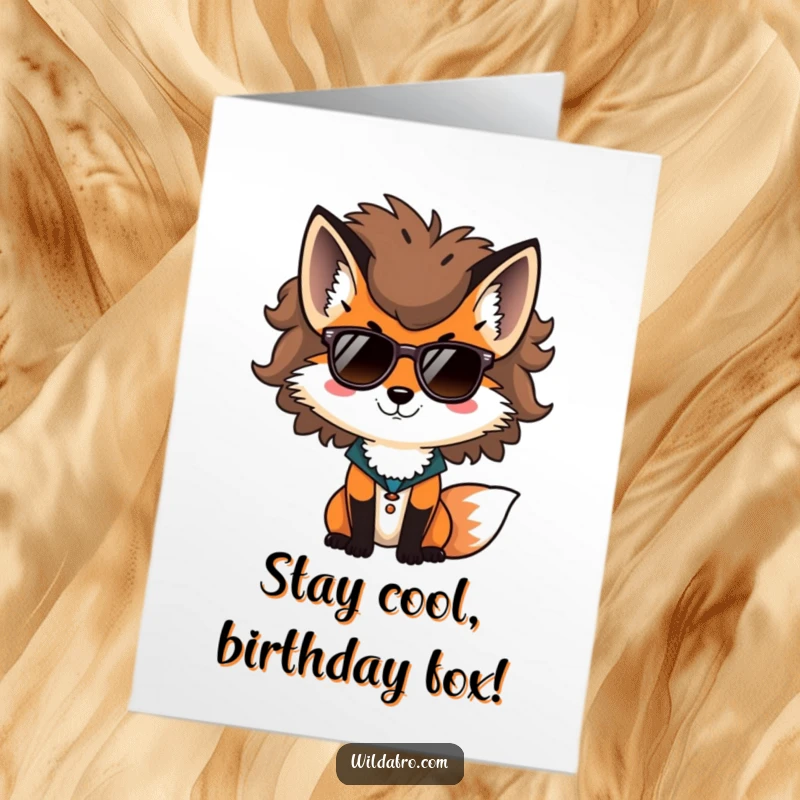 Funny Free Printable Birthday Card: A stylish fox with a huge afro and sunglasses strikes a pose.