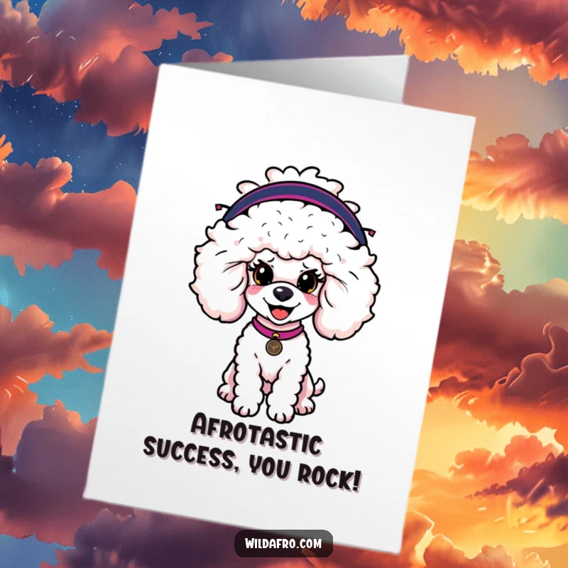 Funny Free Printable Congratulations Card: A stylish poodle proudly displays a large, fashionable afro wig, ready to celebrate big achievements.